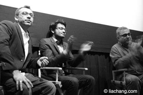 (l-r) Fatakra director Soham Mehta, Samrat Chakrabarti and NYIFF Festival director Aseem Chhabra at the Q & A after the screening of the film at Tribeca Cinemas on May 7, 2011.  Photo by Lia Chang