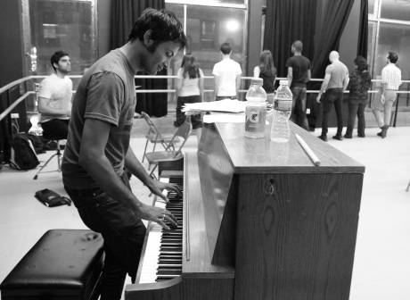 The cast of Bakwas Bumbug with co-creator, co-director and composer Samrat Chakrabarti in rehearsal at DANY Studios in New York on 6/16/11. © 2011 Lia Chang 