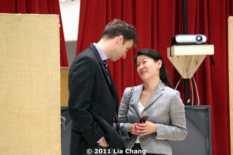 (L-R) James Waterston (Daniel) and Jennifer Lim (Xu Yan) rehearsing a scene of David Henry Hwang’s Chinglish in the Healy Room of the Goodman Theatre in Chicago on June 5, 2011. © 2011 Lia Chang