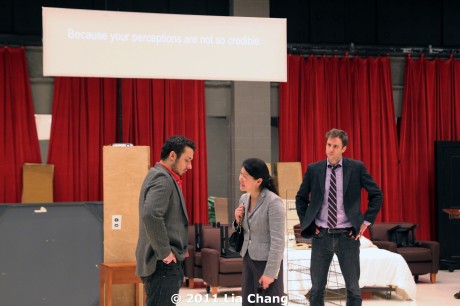 (L-R) Stephen Pucci (Peter), Jennifer Lim (Xu Yan), and James Waterston (Daniel) rehearsing a scene for Chinglish in the Healy Room of the Goodman Theatre in Chicago on June 5, 2011. © 2011 Lia Chang