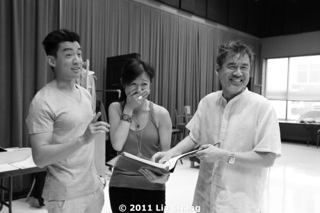 (L-R) Actors Johnny Wu and Angela Lim with Chinglish playwright David Henry Hwang in the Healy Room of the Goodman Theatre in Chicago on June 5, 2011 . © 2011 Lia Chang