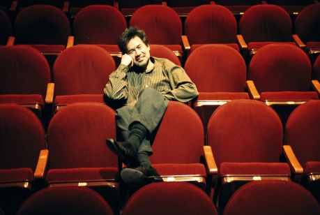 David Henry Hwang at the Virginia Theatre in New York during the run of his revisal of Rogers and Hammerstein’s Flower Drum Song in March, 2003. Photo from The Lia Chang Theater Portfolio at the Library of Congress/AAPI Collection