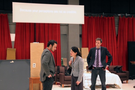 (L-R) Stephen Pucci (Peter), Jennifer Lim (Xu Yan), and James Waterston (Daniel) rehearsing a scene for Chinglish in the Healy Room of the Goodman Theatre in Chicago on June 5, 2011. Credit:  Photo from The Lia Chang Theater Portfolio at the Library of Congress/AAPI Collection