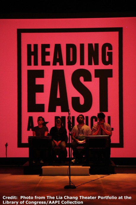 The cast of Robert Lee and Leon Ko’s Heading East at the Lila Acheson Wallace Auditorium at Asia Society in New York. Credit:  Photo from The Lia Chang Theater Portfolio at the Library of Congress/AAPI Collection