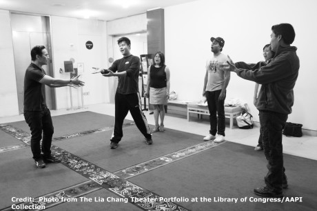 BD Wong, Kelvin Moon Loh, Hazel Anne Raymundo, Manu Narayan rehearse with director Darren Lee at the Lila Acheson Wallace Auditorium at Asia Society in New York.. Photo from The Lia Chang Theater Portfolio at the Library of Congress/AAPI Collection