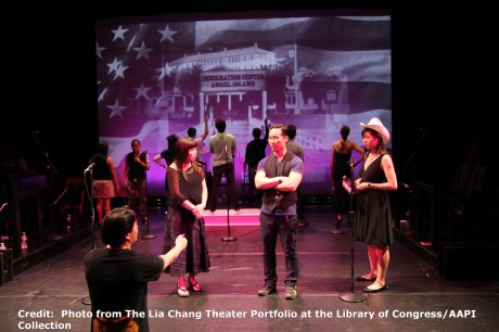 Director Darren Lee stages a scene of Robert Lee and Leon Ko’s Heading East at the Lila Acheson Wallace Auditorium at Asia Society in New York..  Credit:  Photo from The Lia Chang Theater Portfolio at the Library of Congress/AAPI Collection