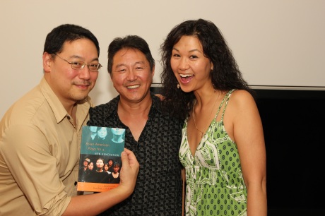 Rick Shiomi with novelist Ed Lin and his wife Cindy Cheung, an actress who read excerpts from the Anthology.  Photo by Lia Chang