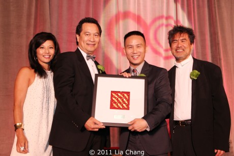 Tamlyn Tomita, Ken Lee, OCA National President, BD Wong, 2011 OCA Pioneer Award honoree and playwright David Henry Hwang.  Photo by Lia Chang