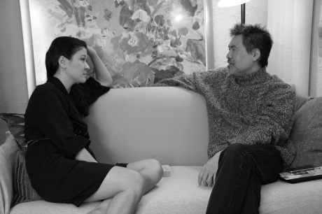Chinglish leading lady Jennifer Lim chats with playwright David Henry Hwang in her dressing room at the Longacre Theatre in New York on October 22, 2011.  Photo by Lia Chang