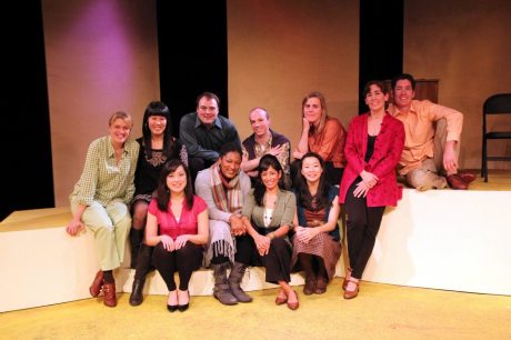 (L-R First Row) Katie Bradley, La Dawn James, Nora Montanez, Sara Ochs; (L-R Second Row) Shanan Custer, playwright Katie Hae Leo, Don Eitel, Neil Schneider, director Suzy Messerole, Maria Kelly and Nicholas Freeman on the set of Four Destinies at Mixed Blood Theatre after the opening night performance on October 15, 2011.  Photo by Lia Chang