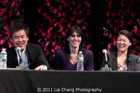 Chinglish playwright David Henry Hwang, director Leigh Silverman and Jennifer Lim Photo by Lia Chang