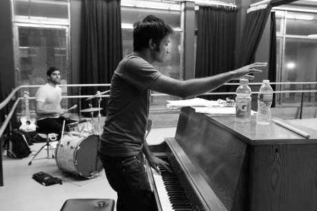 Shiv on the drums, Samrat Chakrabarti, Bakwas Bumbug co-creator, co-director and composer in rehearsal at DANY Studios in New York on 6/16/11. © 2011 Lia Chang