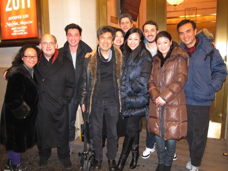 Chinglish playwright David Henry Hwang (center) is flanked by (l-r) his cultural advisors Joanna C. Lee and Ken Smith, actors Johnny Wu, Christine Lin, Gary Wilmes, Angela Lin, Stephen Pucci, Jennifer Lim and Larry Lei Zhang after the 100th performance of Chinglish on Broadway at the Longacre Theatre in New York on January 5, 2012.  Photo by Lia Chang