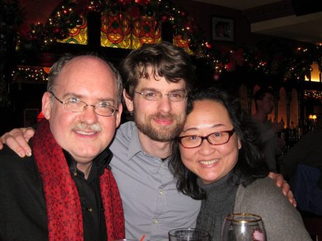 Ken Smith, Hong Kong-based composer Eli Marshall (Ashes of Time Redux) and Joanna C. Lee after the 100th performance of David Henry Hwang's Chinglish in New York on January 5, 2012.  Photo by Lia Chang