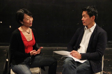 Playwright Jeanne Sakata with Joel de la Fuente, who portrays Gordon Hirabayashi in her play Hold These Truths, in rehearsal at 440 Studios in New York on May 10, 2012. Photo by Lia Chang