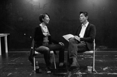 Playwright Jeanne Sakata with Joel de la Fuente, who portrays Gordon Hirabayashi in her play Hold These Truths, in rehearsal at 440 Studios in New York on May 10, 2012. Photo by Lia Chang