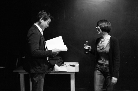 Joel de la Fuente, who portrays Gordon Hirabayashi in Hold These Truths, with playwright Jeanne Sakata in rehearsal at 440 Studios in New York on May 10, 2012. Photo by Lia Chang