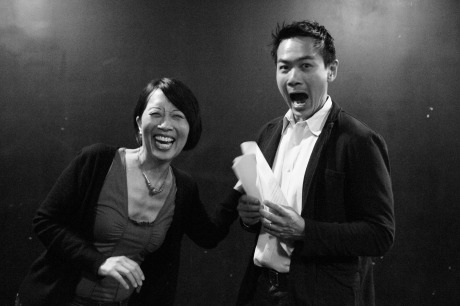 Playwright Jeanne Sakata with Joel de la Fuente, who portrays Gordon Hirabayashi in her play Hold These Truths, in rehearsal at 440 Studios in New York on May 10, 2012. Photo by Lia Chang  
