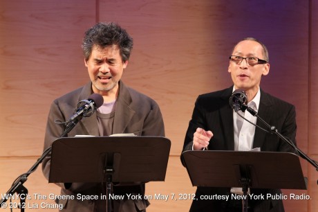 David Henry Hwang as D.H.H. and Francis Jue as H.Y.H. in a scene from Yellow Face at WNYC’s The Greene Space in New York on May 7, 2012, courtesy New York Public Radio. © 2012 Lia Chang
