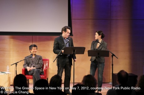 David Henry Hwang watches Brian d’Arcy James and Jennifer Lim in a scene from Chinglish at WNYC’s The Greene Space in New York on May 7, 2012, courtesy New York Public Radio. © 2012 Lia Chang
