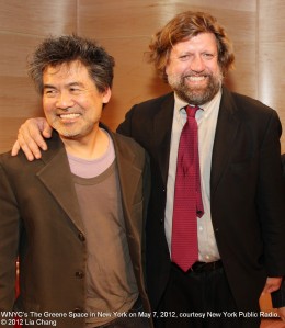 David Henry Hwang and Oskar Eustis at WNYC’s The Greene Space in New York on May 7, 2012, courtesy New York Public Radio. © 2012 Lia Chang
