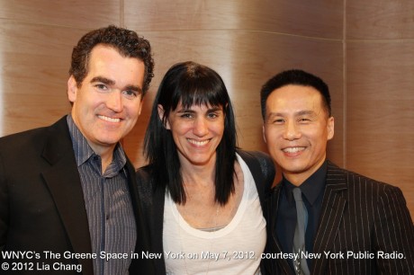 Brian D'Arcy James, Leigh Silverman and BD Wong at WNYC’s The Greene Space in New York on May 7, 2012, courtesy New York Public Radio. © 2012 Lia Chang