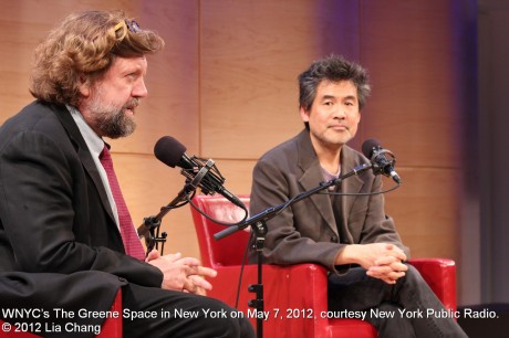 Oskar Eustis, Artistic Director of The Public Theater interviews David Henry Hwang at WNYC’s The Greene Space in New York on May 7, 2012, courtesy New York Public Radio. © 2012 Lia Chang