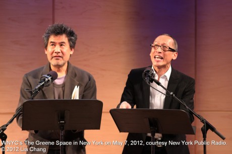 David Henry Hwang as D.H.H. and Francis Jue as H.Y.H. in a scene from Yellow Face at WNYC’s The Greene Space in New York on May 7, 2012, courtesy New York Public Radio. © 2012 Lia Chang