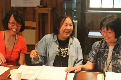 Jeanne Sakata, Emily Kuroda, and Dian Kobayashi in rehearsal for playwright Daniel Akiyama’s A Cage of Fireflies at the 2012 Sundance Institute Theatre Lab at the Sundance Resort in Utah. 