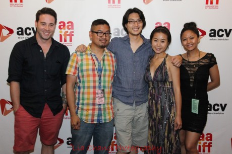 Kerry McCrohan, Richard Wong, H. P. Mendoza and Theresa Navarro after the screening of Yes, We’re Open at the 35th Asian American International Film Festival, at the Clearview Chelsea Cinemas in New York on August 4, 2012. Photo by Lia Chang