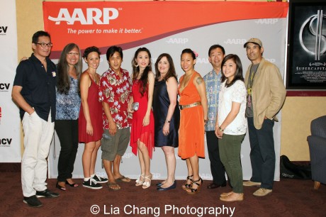 John Woo, Executive Director of ACV, June Jee, Knots writer and star Kimberly-Rose Wolter, director Michael Kang and actor Yoko Honjo; Beth Rosenthal Finkel, MSW Senior Manager, AARP, Kelly Zen-Yie Tsai, David Kim, Vice President for Multicultural Markets and Engagement, AARP, and Model Minority actor Chris Tashima, at the 35th Asian American International Film Festival closing night screening of Knots at the Clearview Chelsea Cinemas in New York on August 5, 2012. Photo by Lia Chang