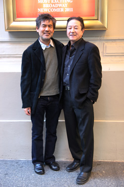 Playwrights David Henry Hwang and Rick Shiomi in front of the Longacre Theatre in New York after a performance of Hwang's latest Broadway comedy Chinglish on January 28, 2012. Photo by Lia Chang