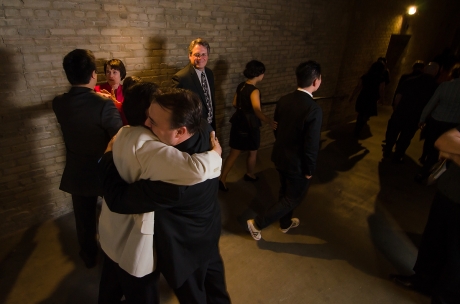 Mu Performing Arts Artistic Director Rick Shiomi, the 2012 Ivey Award recipient for Lifetime Achievement, gets a congratulatory hug from Don Eitel, his managing director of Mu, backstage at the State Theatre in Minneapolis, MN. on September 24, 2012. Photo by Kurt Moses