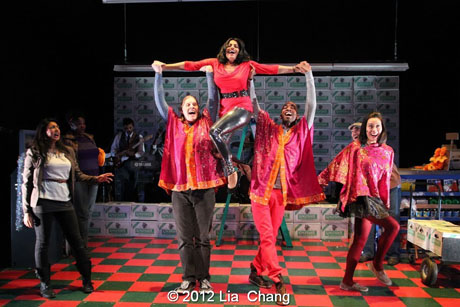 Internationally Acclaimed singer Falu (center) shares her breathtaking voice and dance moves with the Angel Crew (left to right: Lipica Shah as Sunita, Matthew Knowland, Kiarri Andrews & Brooke Ishibashi) in the show stopper song "Ajaa Ajaa" from LAUGHistan's World Premiere of "BUMBUG The Musical". Photo Credit: Lia Chang