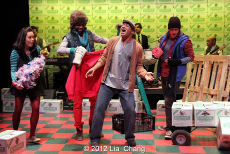 Andrew Ramcharan Guilarte as "Scroogewala" (center) with the Angel Crew (left to right: Brooke Ishibashi, Kiarri Andrews & Matthew Knowland) from LAUGHistan's World Premiere of "BUMBUG The Musical". Photo Credit: Lia Chang