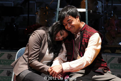 Lipica Shah as "Sunita" and Debargo Sanyal as "Mr. Scroogewala" from LAUGHistan's World Premiere of "BUMBUG The Musical". Photo Credit: Lia Chang