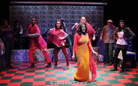 Internationally Acclaimed singer Falu (center) shares her breathtaking voice and dance moves with the Angel Crew (left to right: Kiarri Andrews, Brooke Ishibashi & Matthew Knowland) and Lipica Shah as "Sunita", in the show stopper song "Ajaa Ajaa" from LAUGHistan's World Premiere of "BUMBUG The Musical". Photo Credit: Lia Chang
