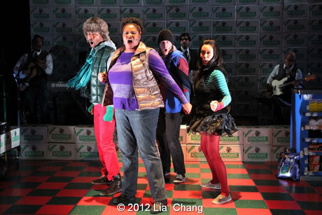 Adrienne C. Moore (center) as "Angel" and The Angel Crew (left to right: Matthew Knowland, Kiarri Andrews and Brooke Ishibashi) from LAUGHistan's World Premiere of "BUMBUG The Musical". Photo Credit: Lia Chang