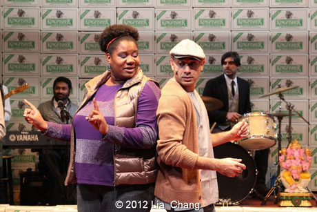 Adrienne C. Moore as "Angel" and Andrew Ramcharan Guilarte as "Scroogewala" from LAUGHistan's World Premiere of "BUMBUG The Musical". Photo Credit: Lia Chang