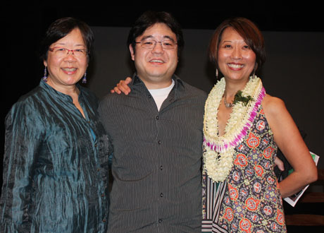 Phyllis Look and Daniel Akiyama, director and playwright of A CAGE OF FIREFLIES at Honolulu's Kumu Kahua Theatre, with Jeanne Sakata.
