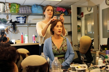 Michi Barall with Valerie Gladstone in the hair and wig department. Photo by Lia Chang