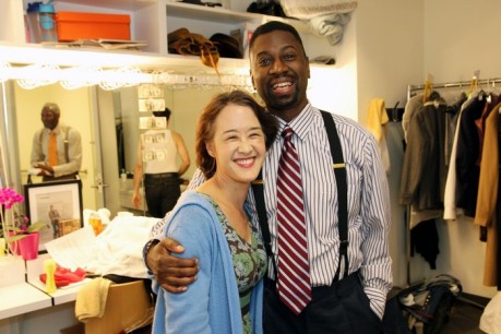 Michi Barall and Teagle F. Bougere in costumes by Karen Perry backstage at The Romulus Linney for Regina Taylor's stop. reset. on September 21, 2013. Photo by Lia Chang