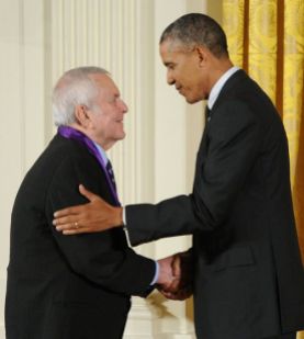 President Barack Obama presents the National Medal of Arts to musical theater composer John Kander in a White House ceremony on July 28, 2014. Photo by Jocelyn Augustino.