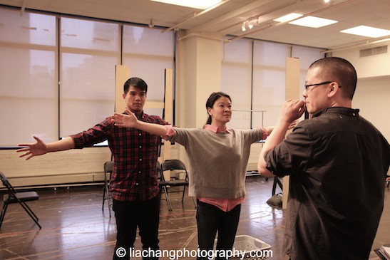 Telly Leung, Jennifer Lim and director Eric Ting in rehearsal for The World of Extreme Happiness at Manhattan Theatre Club in New York on January 27, 2015. Photo by Lia Chang
