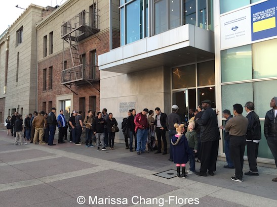 The line stretched down the block for the sold out screening of Big Trouble in Little China at JANM's Tateuchi Democracy Forum in LA on April 8, 2015. Photo by Lia Chang