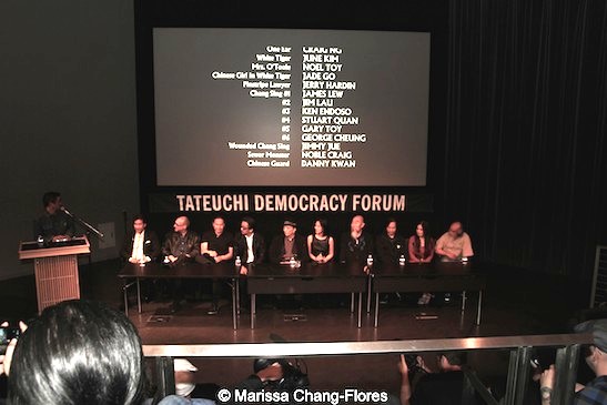 Milton Liu,Director of Programs and Artist Services, Visual Communications, with Big Trouble in Little China's Peter Kwong, Gary Goldman, James Lew, George Cheung, James Hong, Lia Chang, Gerald Okamura, Jeff Imada, Joycelyne Lew, Al Leong at JANM's Tateuchi Democracy Forum in LA on April 8, 2015. Photo by Marissa Chang-Flores