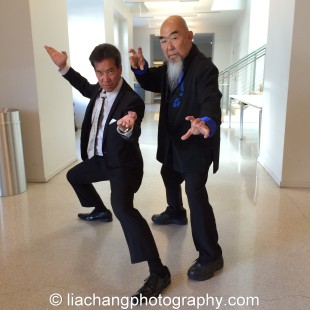 Big Trouble in Little China cast members Peter Kwong and Gerald Okamura strike a stance at JANM's Tateuchi Democracy Forum in LA on April 8, 2015. Photo by Lia Chang