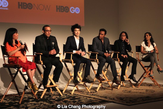 Moderator Miss Info, executive producer Louis Tancredi, director Jonathan Yi, actors Aasif Mandvi, Jimmy O. Yang and Sheetal Sheth attend HBO's screening of East of Main Street: Taking the Lead at Root (Drive-In) in New York on May 6, 2015. Photo by Lia Chang