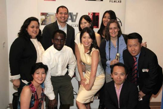 Film Lab management team- Cecilia Mejia (Unfinished Works), Daryl King (Secretary and Board Member), Jennifer Betit Yen (President and Board Member, founder of AAFL TV Production Arm), Nick Sakai (Industry Spotlight), Youn Jung Kim (2015 72 Hour Shootout Coordinator), Edwin Wong (Board Member), director Berth Bay-Sa Pan and guests at the 72 Hour Shootout Launch party at The Korea Society in New York on June 4, 2015. Photo by Lia Chang