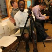 Asian American Film Lab secretary Daryl King live streamed the party on Periscope at the 72 Hour Shootout Launch party at The Korea Society in New York on June 4, 2015. Photo by Lia Chang